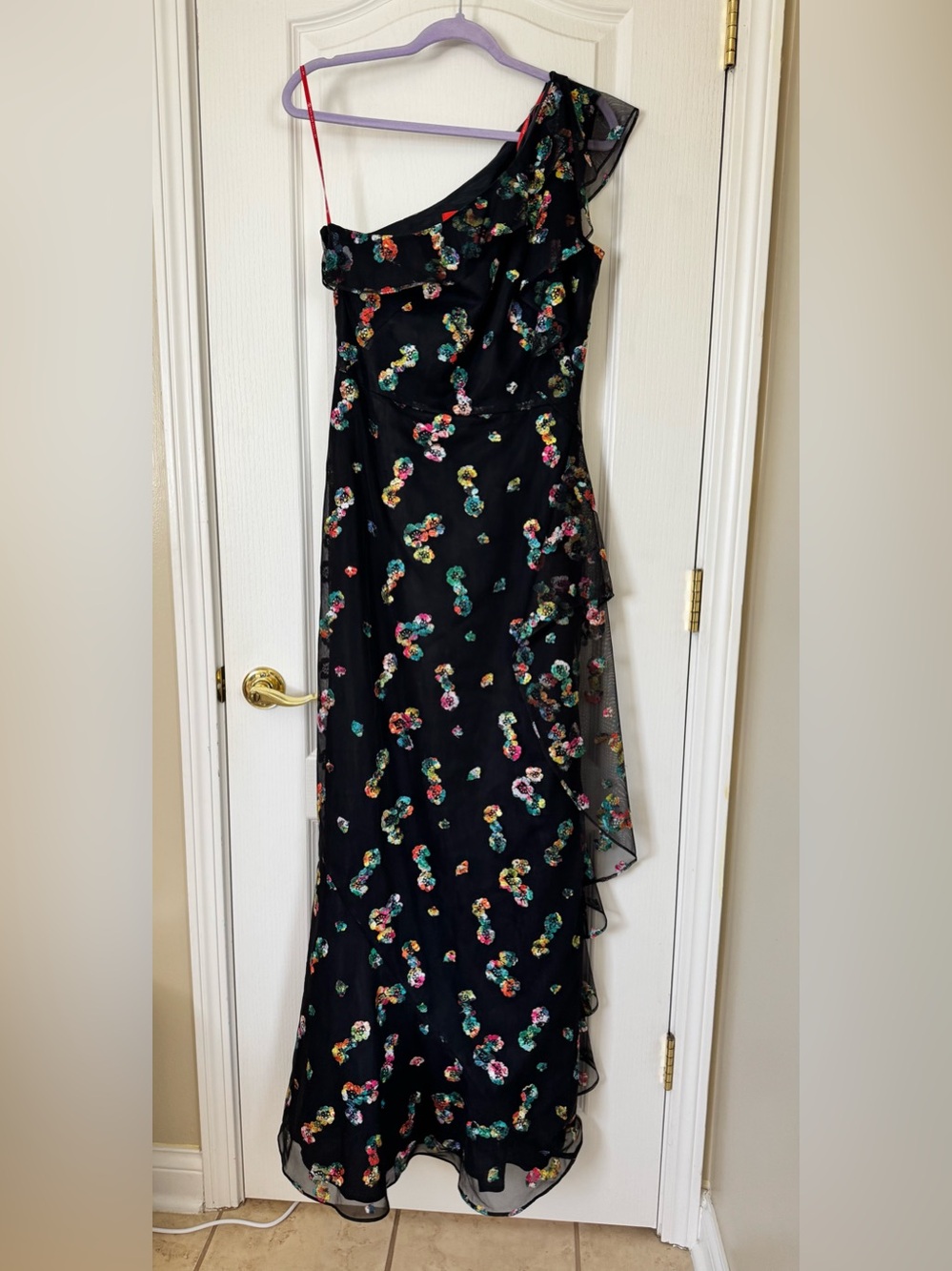 Monique Lhuillier One Shoulder Embroidered Gown Size 8 Black Floral Formal Dress